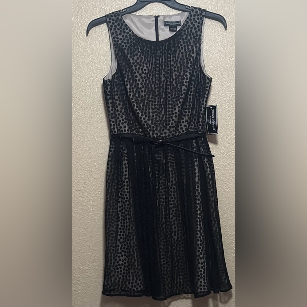 Jessica Howard Evening Black and Gray Polka Dot Dress